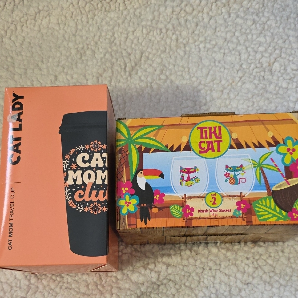 Cat Mom Travel Cup and Tiki Cat Glasses Set
